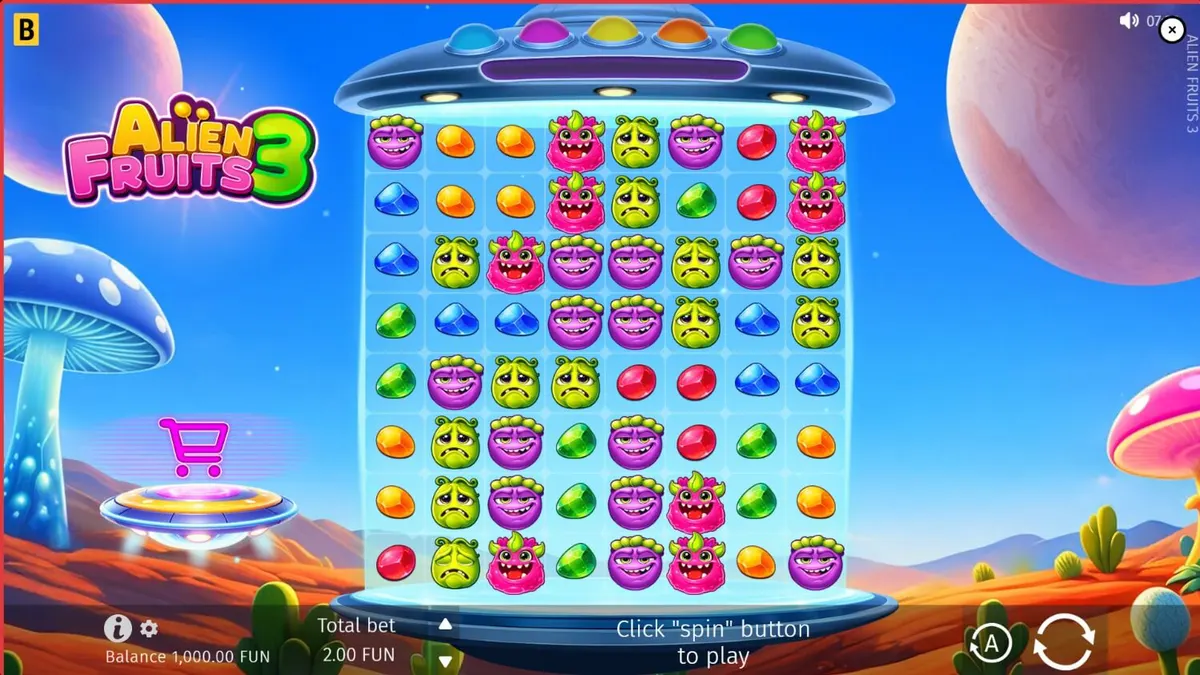 Tampilan visual grid 8x8 pada slot Alien Fruits 3 dengan tema neon luar angkasa.