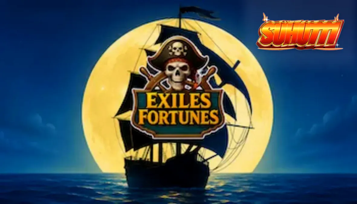 Tampilan visual slot Exiles Fortunes dengan tema bajak laut kartun yang penuh warna